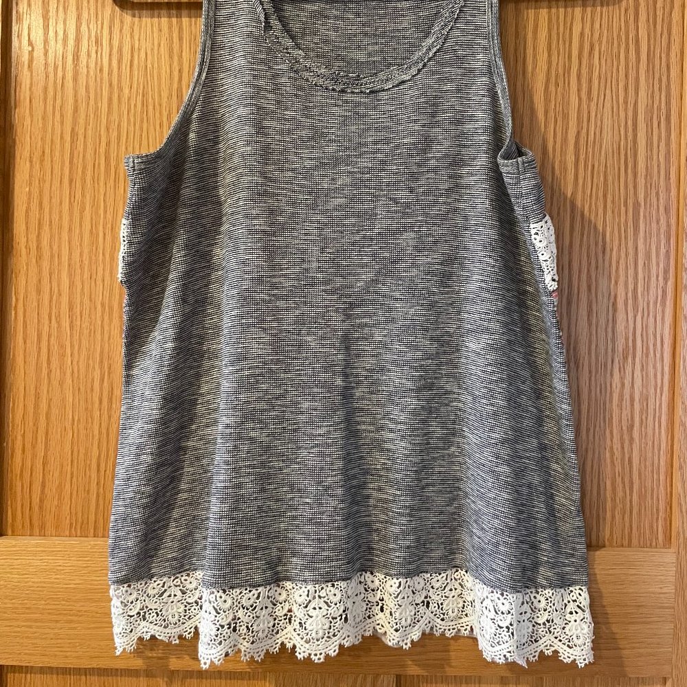 Hem & Thread Mixed Media Lace Trim Tank Gray